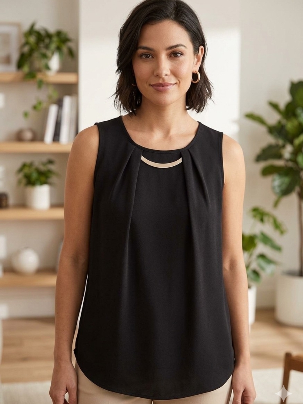 Mandy Evans Black Sleeveless Keyhole Blouse with Gold Hardware Accent Size LG